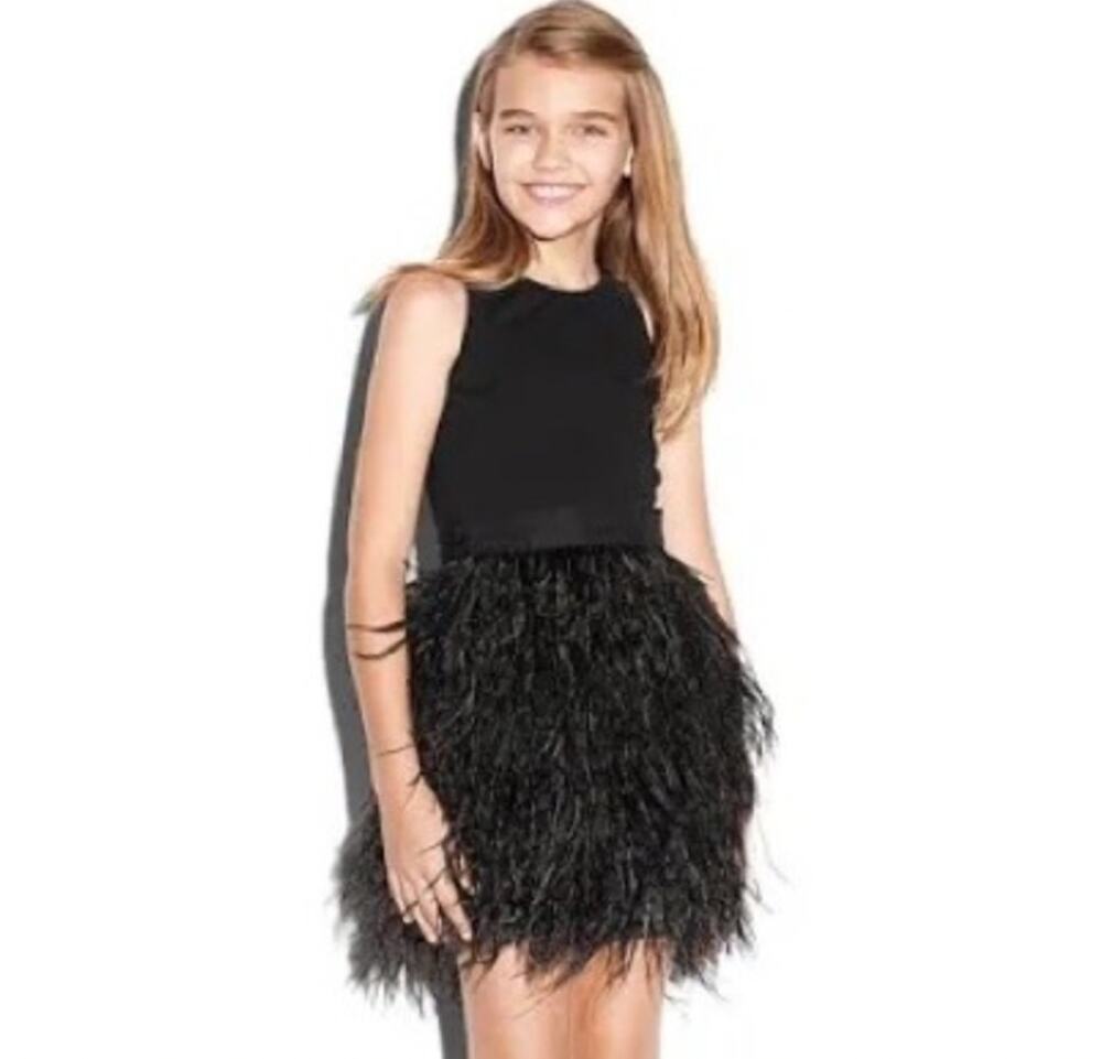 Milly Minis Size 7 Dress Ostrich Feathers Fit and Flare Zipper Black Knee Length